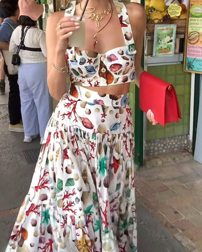 Ensemble Deux Pièces Avec Crop Top À Bretelles Et Jupe Longue À Volants Pour Femme | Idéal Pour Les Journées D’été