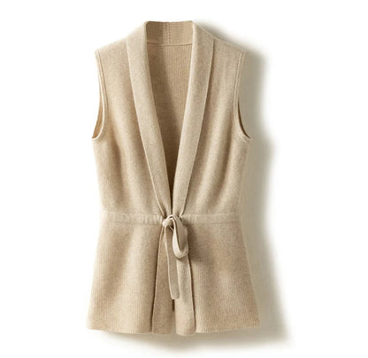 Gilet sans manches à col V en maille côtelée avec ceinture à nouer pour femme | Idéal pour l’automne