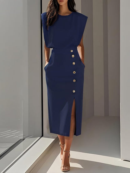 Robe Midi Sans Manches Avec Boutons Pour Femme | Idéale Pour Usage Quotidien Et Occasions