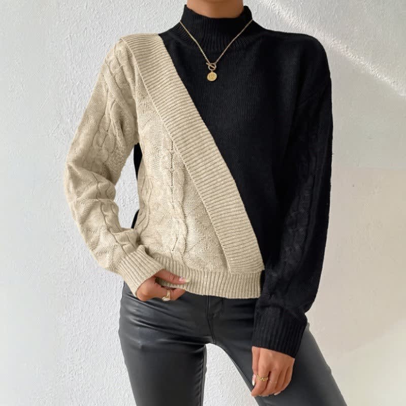 Pull bicolore à col montant avec motif diagonal pour femmes | Idéal pour l’automne et le bureau