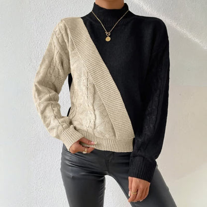 Pull bicolore à col montant avec motif diagonal pour femmes | Idéal pour l’automne et le bureau