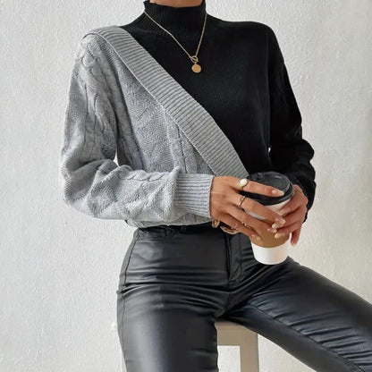 Pull bicolore à col montant avec motif diagonal pour femmes | Idéal pour l’automne et le bureau