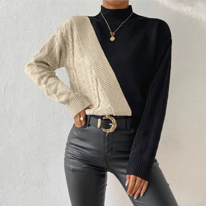 Pull bicolore à col montant avec motif diagonal pour femmes | Idéal pour l’automne et le bureau