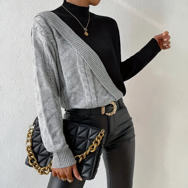 Pull bicolore à col montant avec motif diagonal pour femmes | Idéal pour l’automne et le bureau