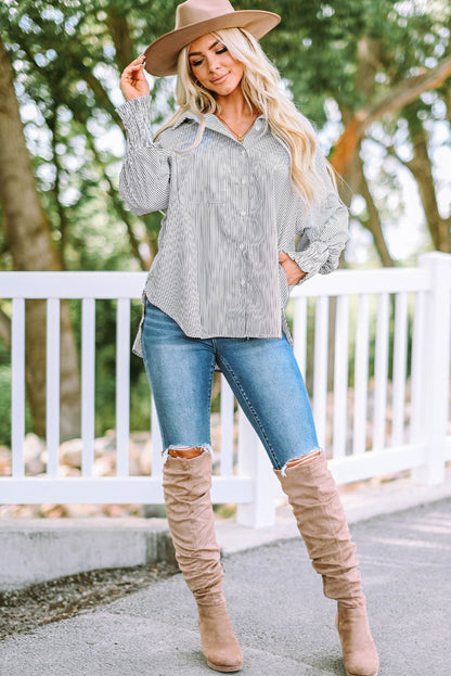 Chemise Mi-Longue Avec Col À Revers Rayé Et Manches Oversize Resserées Pour Femme | Idéale Pour Le Printemps Et L’Été