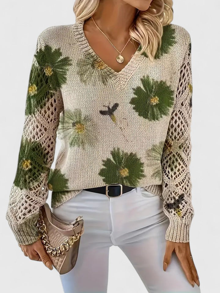 Pull À Motif Floral Avec Col En V Et Manches Longues Pour Femmes | Idéal Pour Le Quotidien