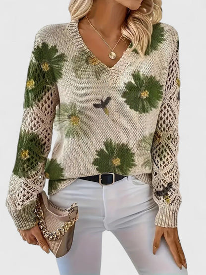 Pull À Motif Floral Avec Col En V Et Manches Longues Pour Femmes | Idéal Pour Le Quotidien