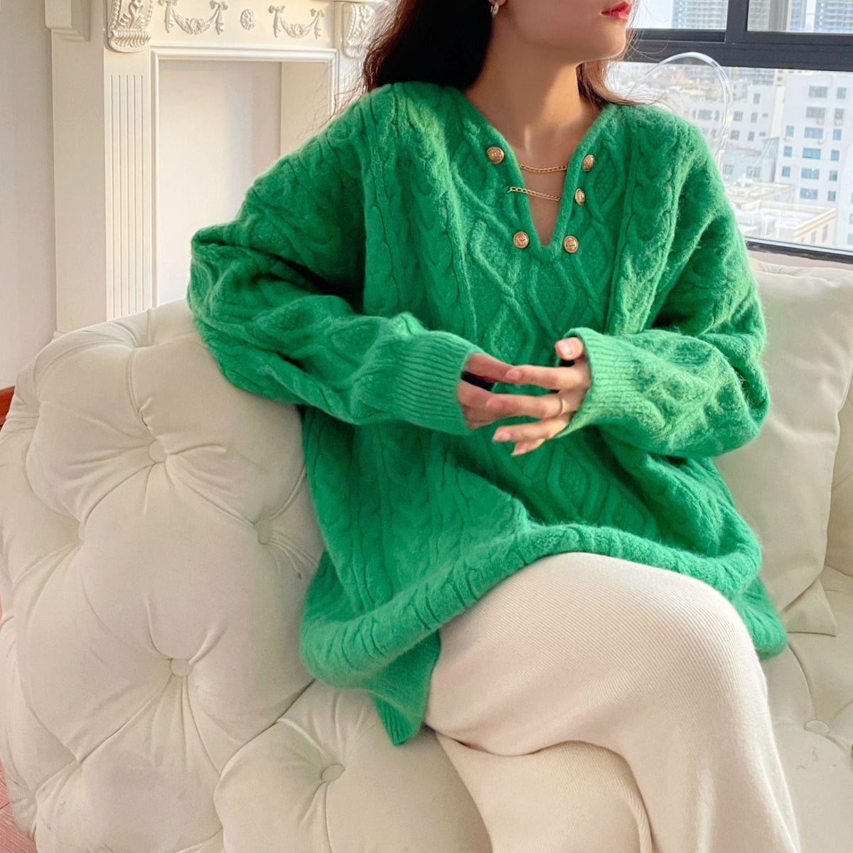 Pull À Manches Longues Avec Maille Torsadée Et Col Boutonné Pour Femmes | Idéal Pour Tenues Quotidiennes