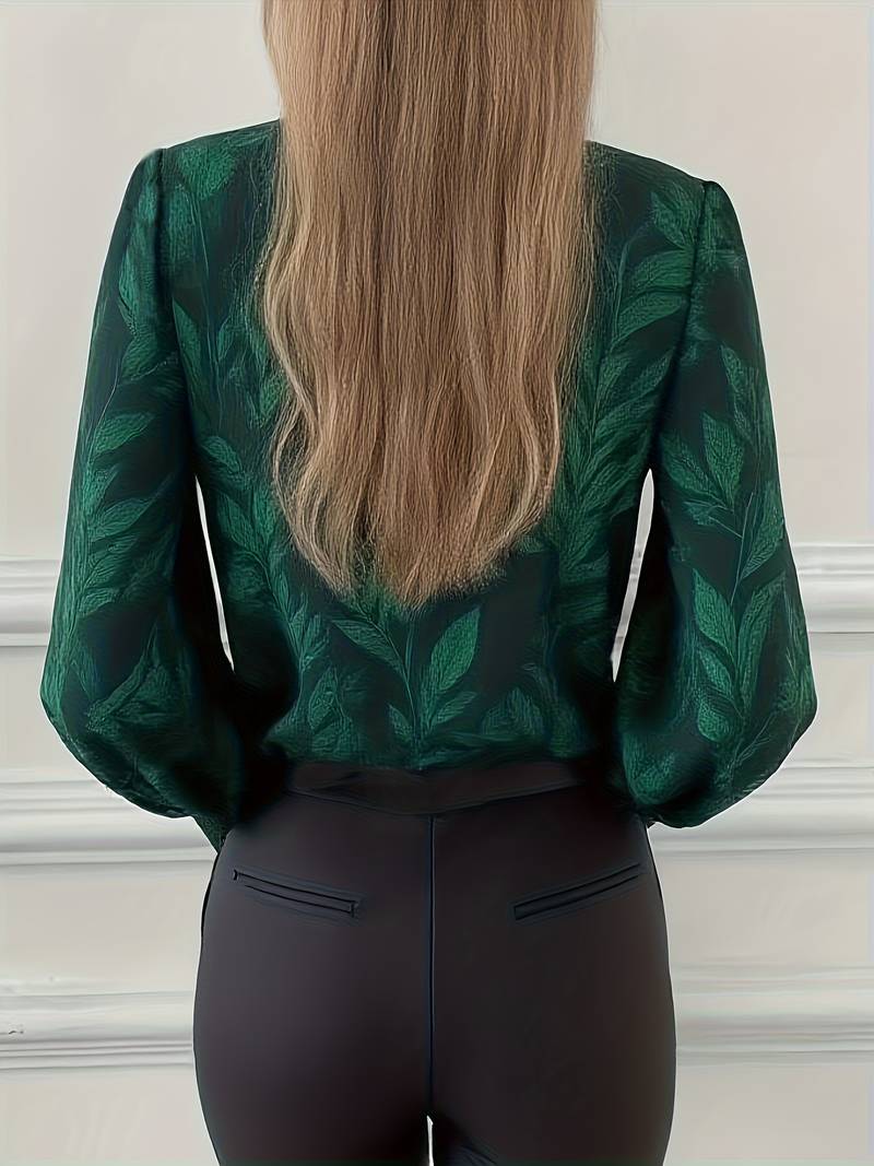 Blouse À Manches Longues Avec Motif Feuilles Et Col En V Pour Femmes | Idéal Pour Travail Ou Usage Quotidien