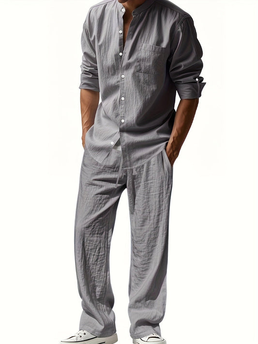 Ensemble Deux Pièces avec Col Mao et Taille Élastique pour Homme | Idéal pour la Saison Chaude