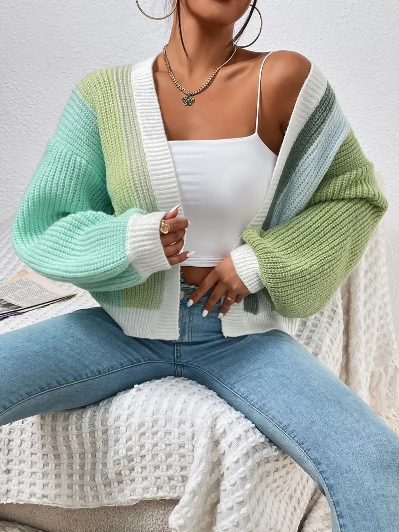 Cardigan à panneaux de couleurs contrastées et manches bouffantes pour femme | Idéal pour l’automne et les occasions décontractées