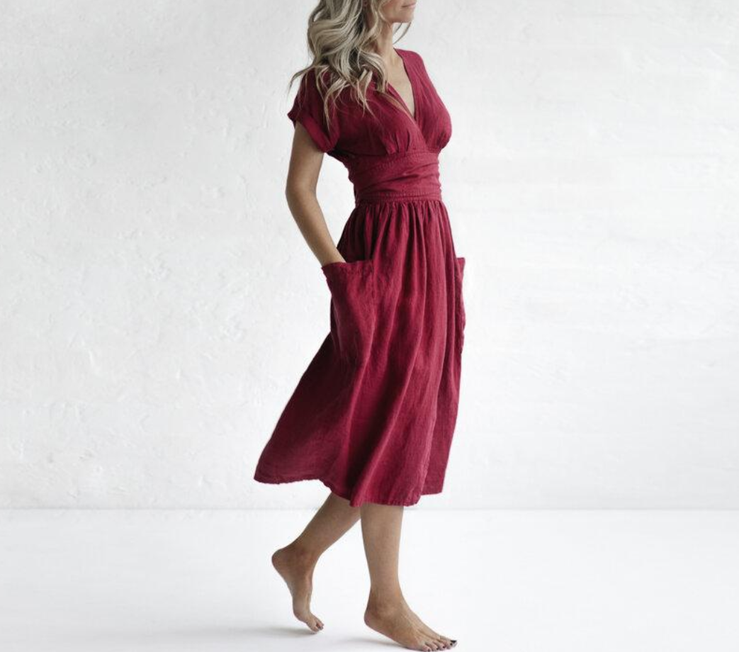 Robe Portefeuille En Lin Avec Ceinture Ajustable Et Manches Courtes Pour Femmes | Adaptée Aux Tenues Quotidiennes