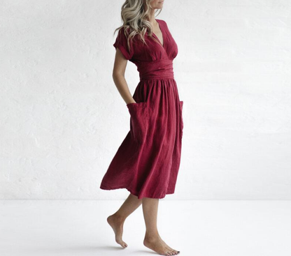 Robe Portefeuille En Lin Avec Ceinture Ajustable Et Manches Courtes Pour Femmes | Adaptée Aux Tenues Quotidiennes