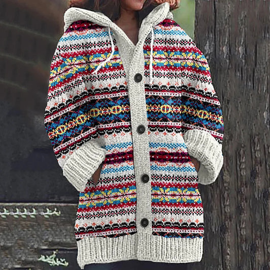Gilet À Capuche avec Boutons Et Motif Multicolore pour Femme | Idéal pour L’Hiver