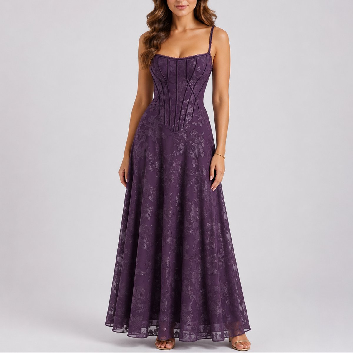 Robe longue à bretelles fines avec motif floral pour femme | Idéal pour les cérémonies