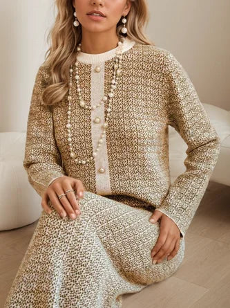 Ensemble Deux Pièces avec Veste à Col Rond Contrasté et Jupe Midi pour Femmes | Idéal pour Événements et Réunions