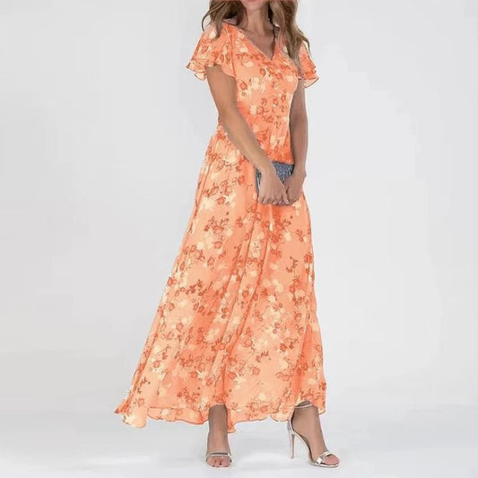 Robe Longue Orange avec Détail à la Taille pour Femme | Idéale pour les Journées Chaudes