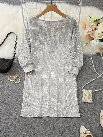 Robe De Soirée À Sequins Contrastés avec Col En V Et Manches Longues pour Femme | Idéale pour Les Événements Formels
