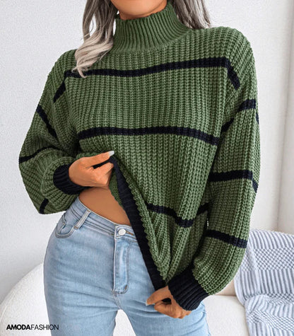 Pull À Col Roulé Rayé avec Manches Longues pour Femme | Idéal pour l’Automne Et l’Hiver