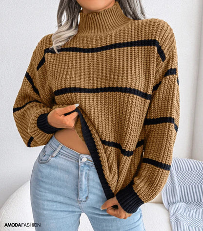 Pull À Col Roulé Rayé avec Manches Longues pour Femme | Idéal pour l’Automne Et l’Hiver