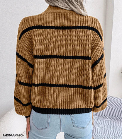 Pull À Col Roulé Rayé avec Manches Longues pour Femme | Idéal pour l’Automne Et l’Hiver