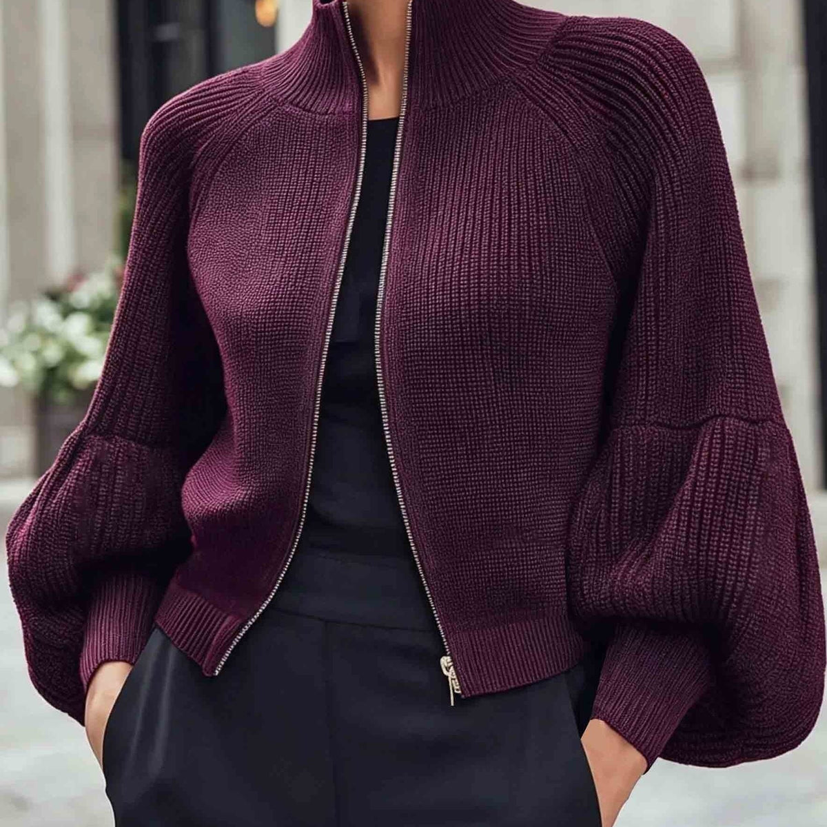Gilet zippé à manches bouffantes pour femmes