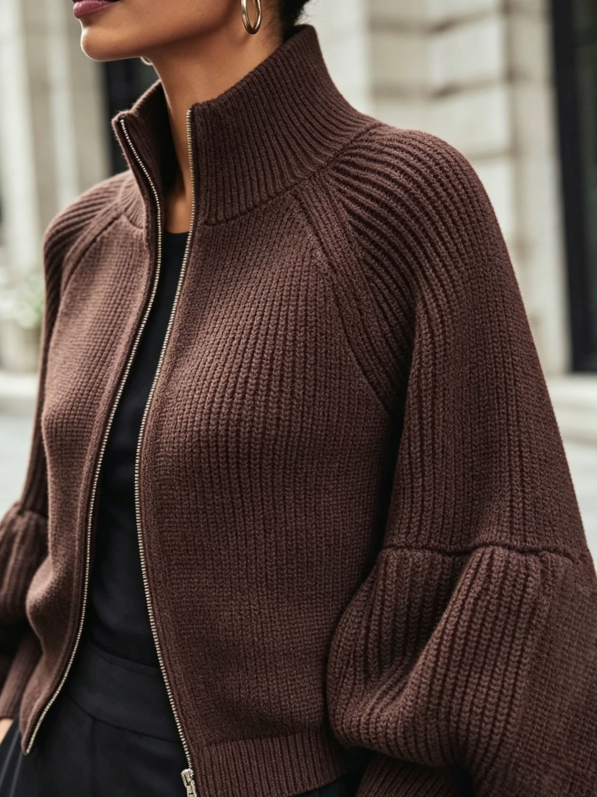 Gilet zippé à manches bouffantes pour femmes