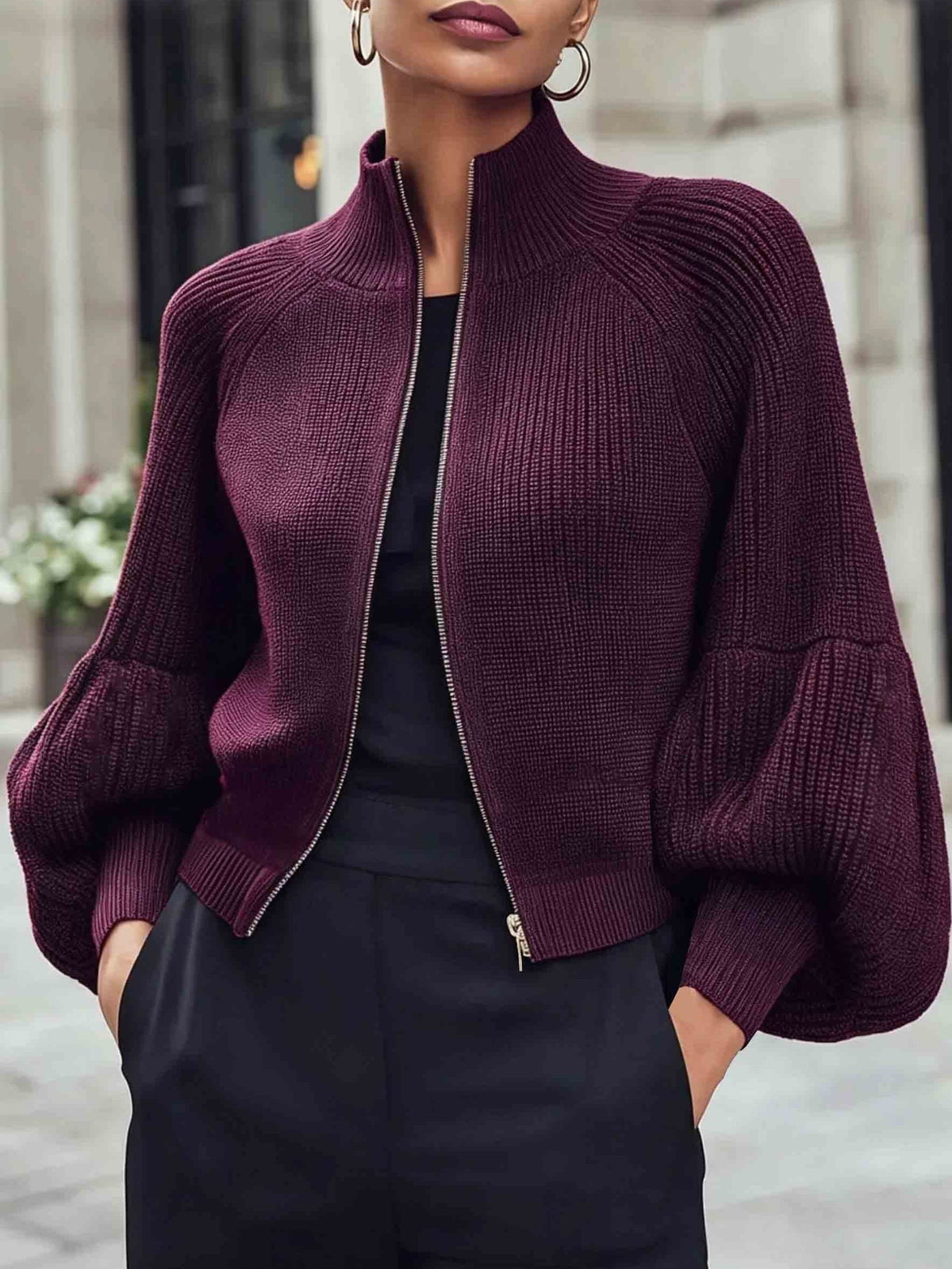 Gilet zippé à manches bouffantes pour femmes