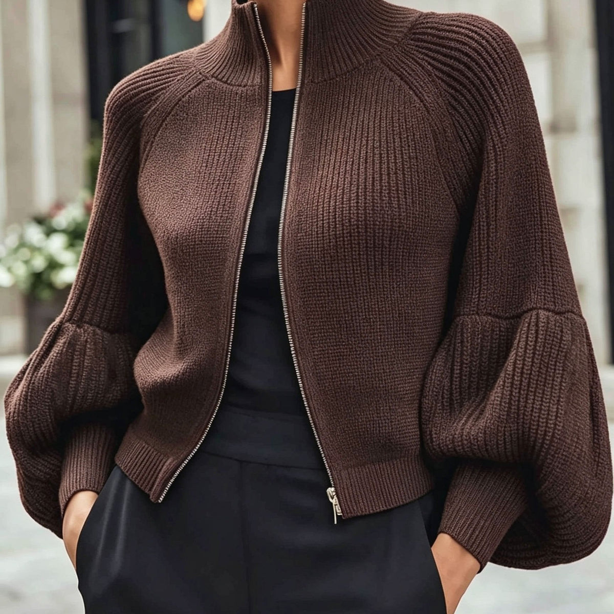 Gilet zippé à manches bouffantes pour femmes