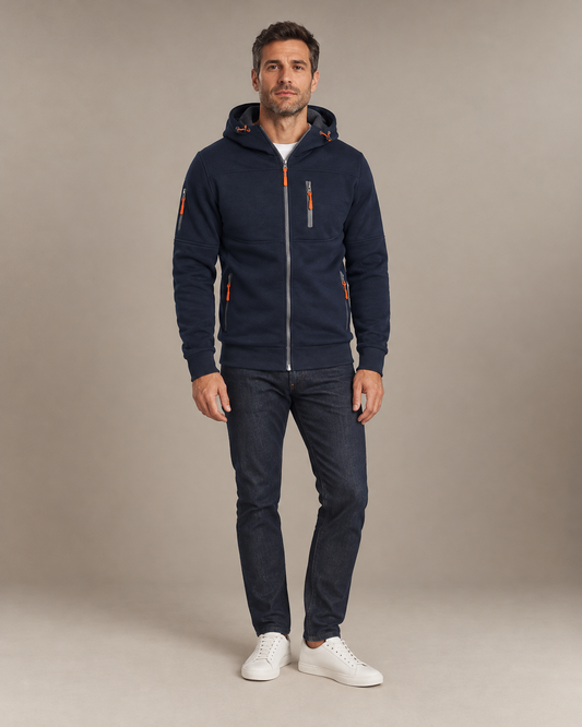 Veste polaire zippée à capuche pour hommes – Bleu marine – vue de face