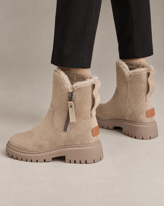 Bottines fourrées à fermeture éclair pour femmes – Beige – portées