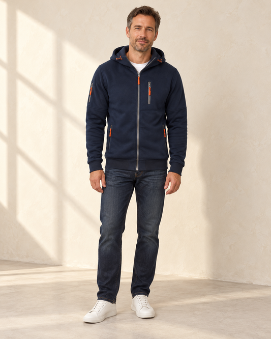 Veste polaire zippée à capuche pour hommes – Bleu marine – vue de face
