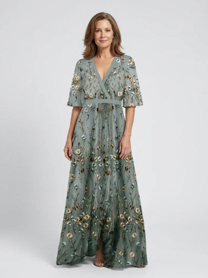 Robe Maxi À Col V Avec Manches Courtes Et Imprimé Floral Pour Femme | Idéale Pour L'été