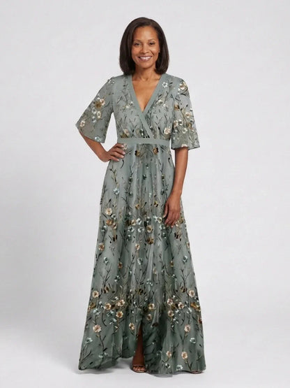 Robe Maxi À Col V Avec Manches Courtes Et Imprimé Floral Pour Femme | Idéale Pour L'été