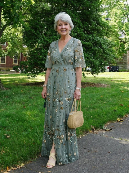 Robe Maxi À Col V Avec Manches Courtes Et Imprimé Floral Pour Femme | Idéale Pour L'été