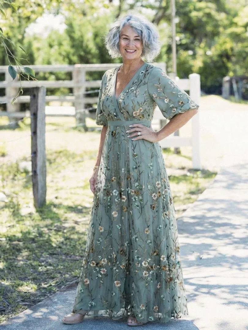 Robe Maxi À Col V Avec Manches Courtes Et Imprimé Floral Pour Femme | Idéale Pour L'été