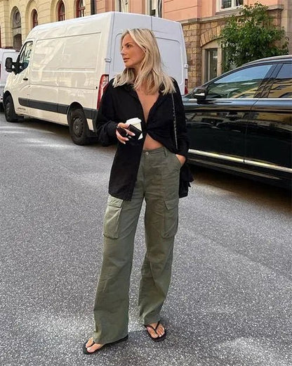 Pantalon Cargo à Taille Haute avec Poches Latérales pour Femme | Idéal pour Tenues Urbaines