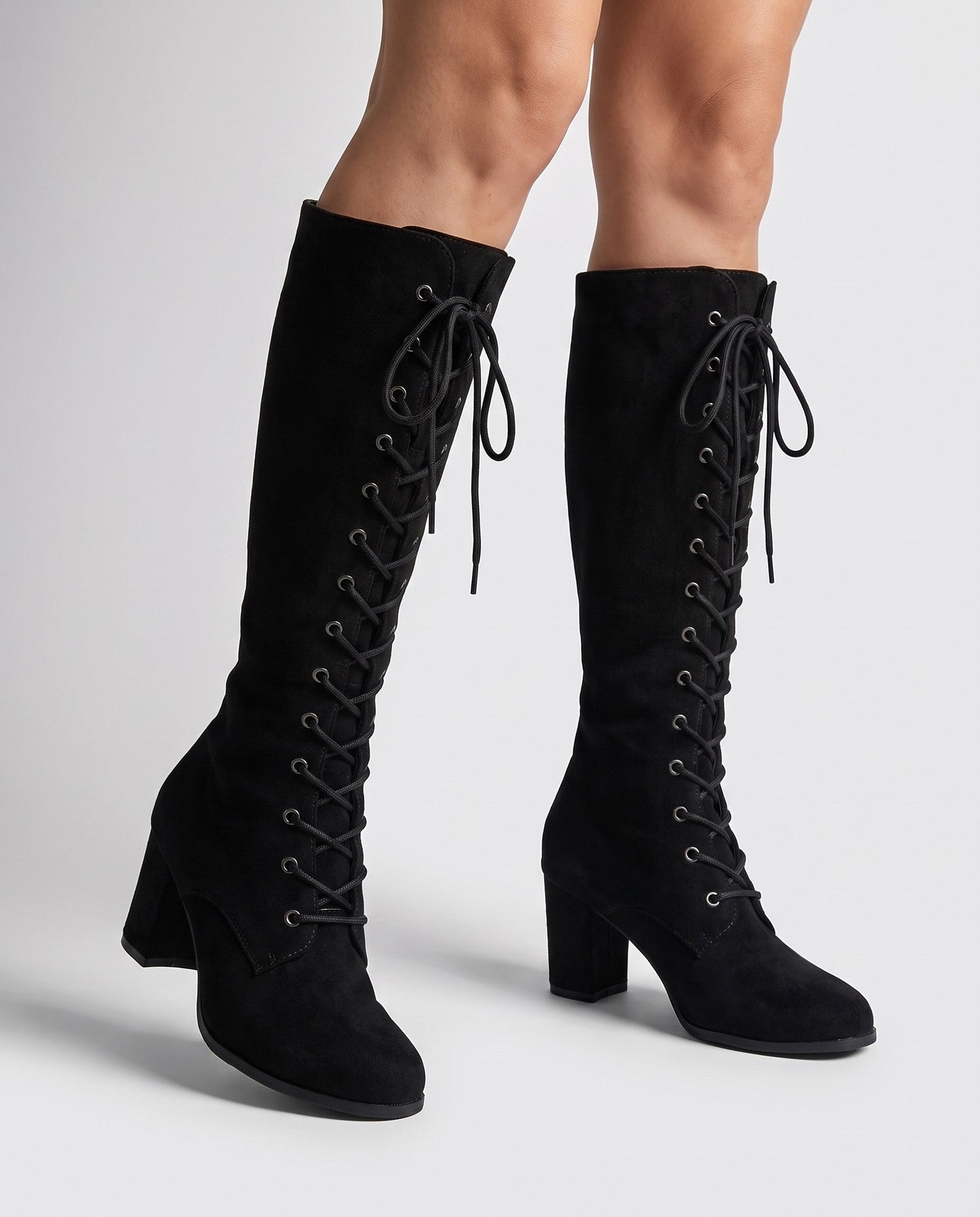 Botte Montante À Lacets Hauteur Genou Avec Talon Bloc Pour Femme | Idéal Pour L'automne