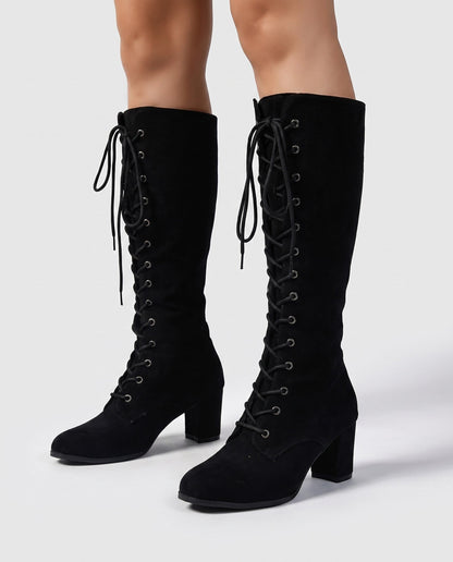 Botte Montante À Lacets Hauteur Genou Avec Talon Bloc Pour Femme | Idéal Pour L'automne
