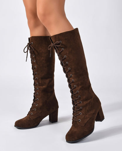 Botte Montante À Lacets Hauteur Genou Avec Talon Bloc Pour Femme | Idéal Pour L'automne