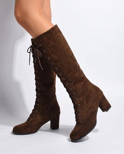 Botte Montante À Lacets Hauteur Genou Avec Talon Bloc Pour Femme | Idéal Pour L'automne
