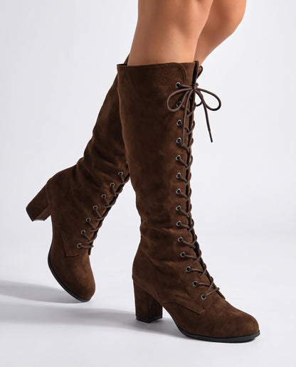 Botte Montante À Lacets Hauteur Genou Avec Talon Bloc Pour Femme | Idéal Pour L'automne
