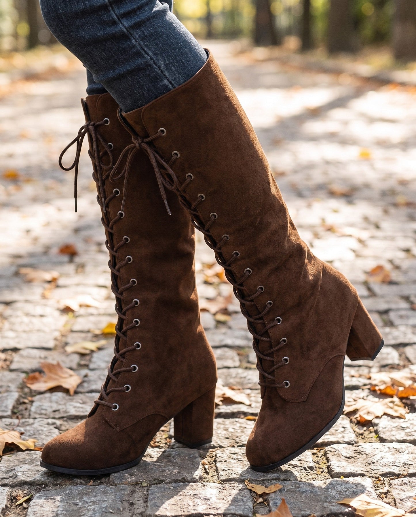 Botte Montante À Lacets Hauteur Genou Avec Talon Bloc Pour Femme | Idéal Pour L'automne