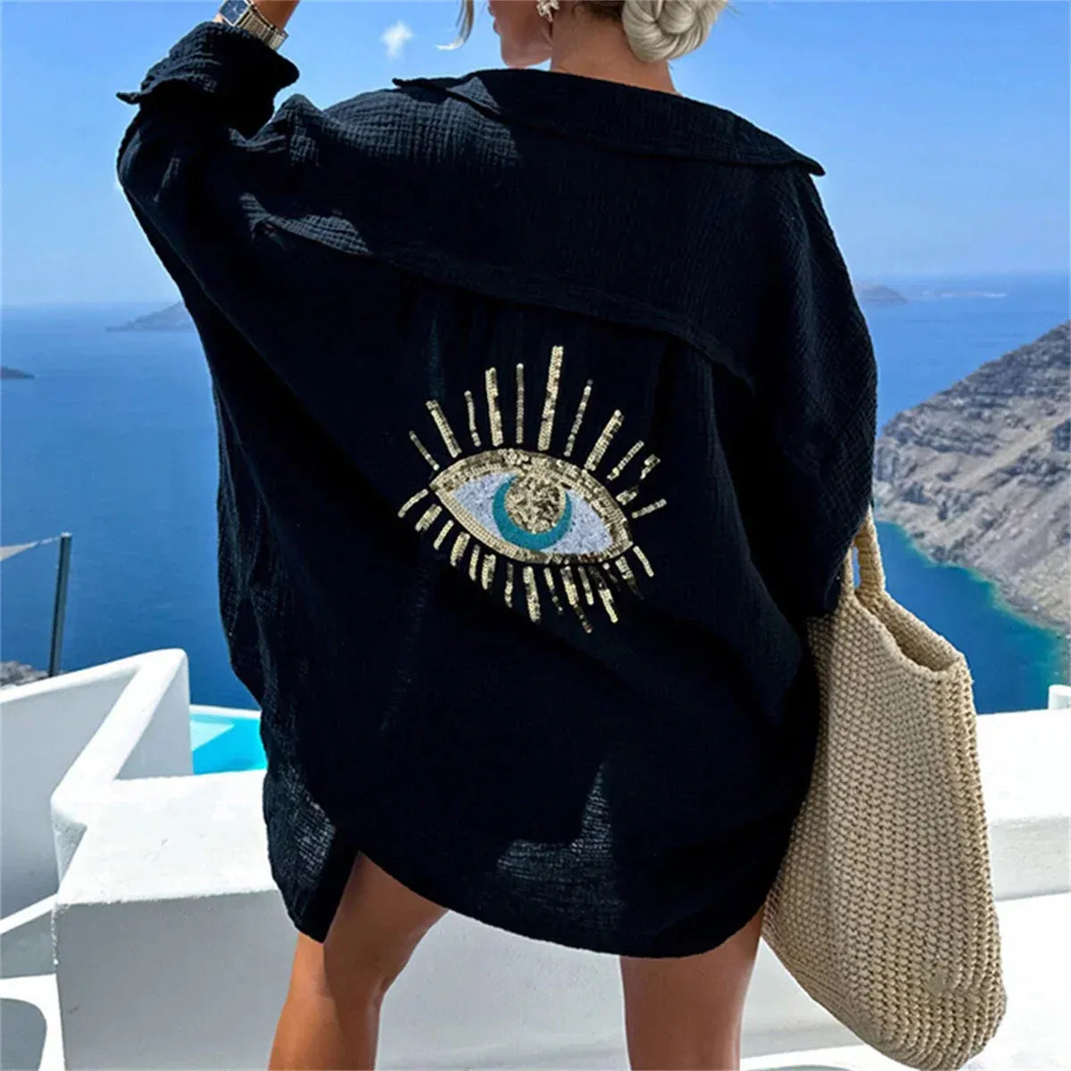 Kimono Oversize Léger avec Motif Brodé au Dos pour Femme | Idéal pour l'Été