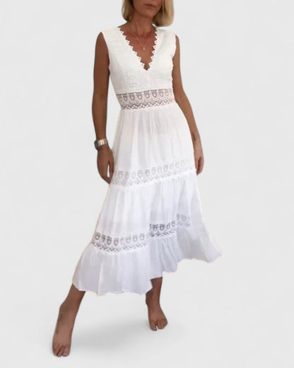 Robe Midi Sans Manches avec Encolure en V et Détails en Dentelle pour Femme | Idéale pour Événements et Occasions Spéciales