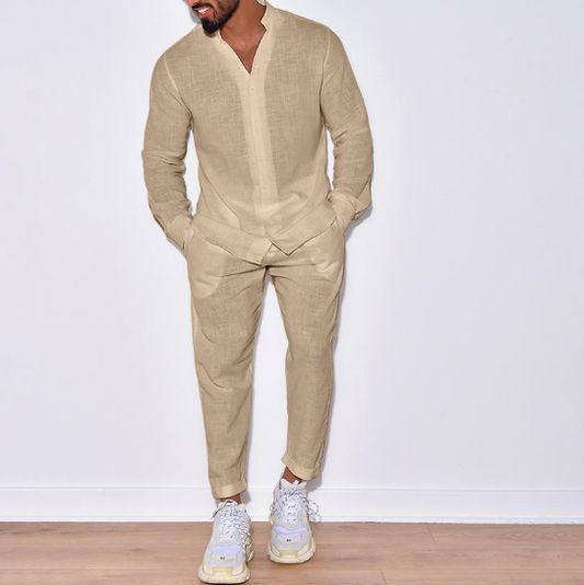 Ensemble avec Col Cubain Et Fermeture Boutonnée pour Homme | Idéal pour Le Printemps Et L’Été