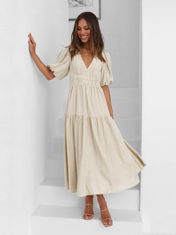 Robe Midi Avec Encolure En V Et Manches Bouffantes Pour Femme | Idéale Pour Le Quotidien Et Les Sorties