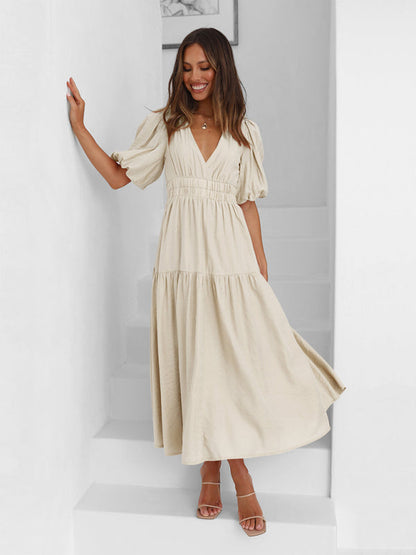 Robe Midi Avec Encolure En V Et Manches Bouffantes Pour Femme | Idéale Pour Le Quotidien Et Les Sorties