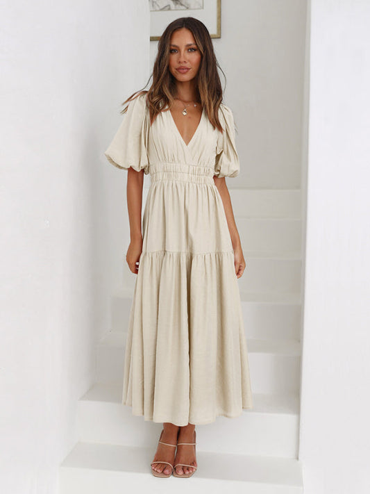 Robe Midi À Encolure V Avec Manches Bouffantes Pour Femme | Idéal Pour Usage Quotidien
