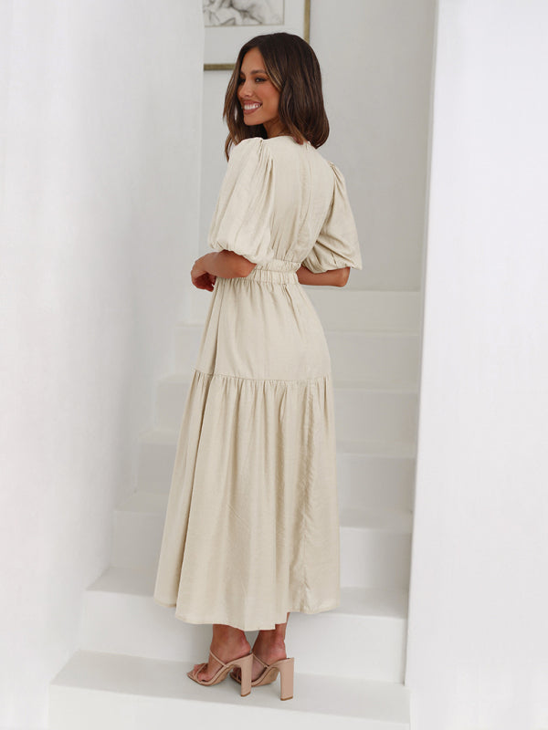 Robe Midi À Encolure V Avec Manches Bouffantes Pour Femme | Idéal Pour Usage Quotidien